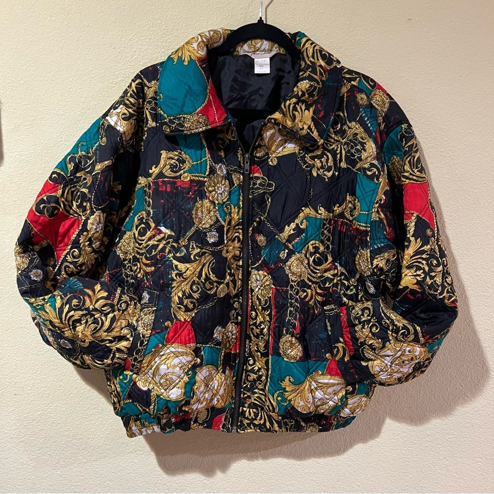 Vintage Nico Biani Versace Vibes 100% Silk Quilted Bomber Jacket Pockets Sz L I